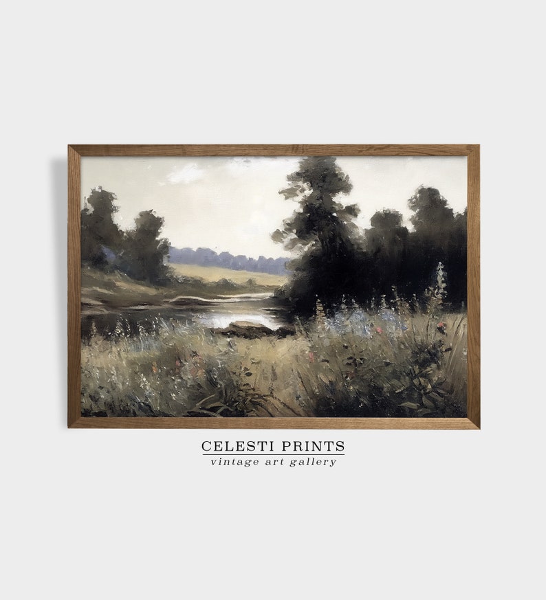 Vintage River Landscape Wall Art, Antique Forest River Oil Painting ...