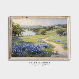 Bluebonnet-målning, Bluebonnet-konst, vintage Bluebonnet-fältmålning, Texas vildblomma, antik Texas statlig blomsterkonst, digital nedladdning bild 4
