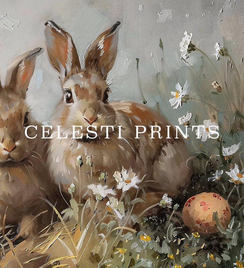 May include: Two brown rabbits with long ears are sitting in a field of white flowers. A pink and white Easter egg is in the foreground.
