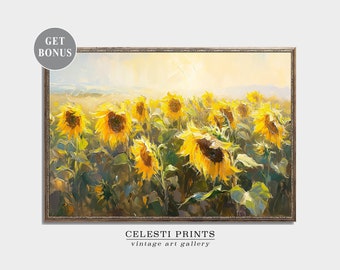 Sunflower Painting, Sunflower Wall Art Vintage, Antique Sunflower Field Painting, Sunflower Decorations, Digital Download