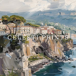 May include: A painting of a coastal town with colorful buildings, a rocky cliff, and a blue sea. The painting is done in a loose, impressionistic style with visible brushstrokes. The text "CELESTI PRINTS" is visible in the lower center of the painting.
