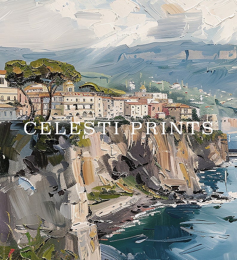 May include: A painting of a coastal town with colorful buildings, a rocky cliff, and a blue sea. The painting is done in a loose, impressionistic style with visible brushstrokes. The text "CELESTI PRINTS" is visible in the lower center of the painting.