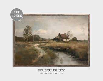 Pintura holandesa, pintura holandesa, pintura al óleo apagada, pintura vintage de molinos de viento holandeses, campiña holandesa vintage, descarga digital
