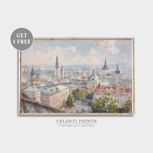 May include: A watercolor painting of a cityscape with a light blue sky and white clouds. The city is filled with buildings, including churches with tall spires and domes. The painting has a soft, romantic feel.