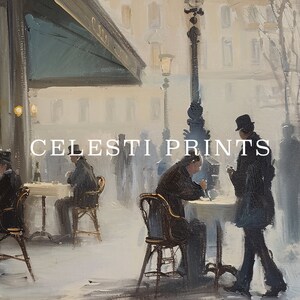 May include: A painting of a Parisian cafe scene with three figures sitting at tables. The cafe is located on a street corner and has a large awning. The figures are dressed in 19th-century clothing. The painting is done in a realistic style with muted colors.