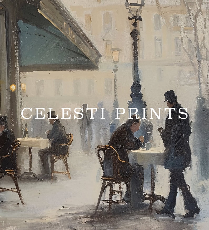 May include: A painting of a Parisian cafe scene with three figures sitting at tables. The cafe is located on a street corner and has a large awning. The figures are dressed in 19th-century clothing. The painting is done in a realistic style with muted colors.
