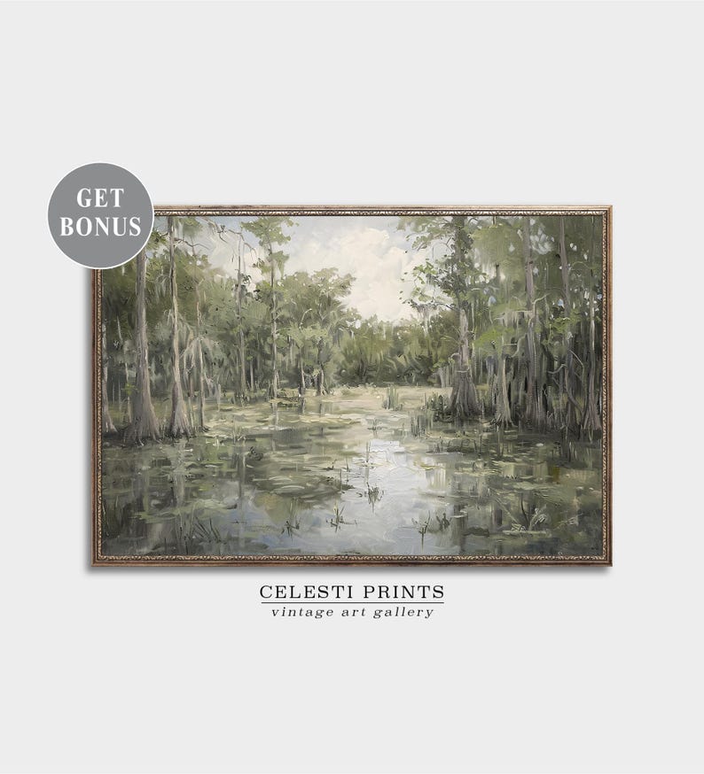 May include: A framed painting depicting a swamp scene with tall trees and still water. The painting is in a gold frame with a white mount.