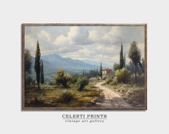 Tuscany Painting Vintage, Italy Vintage Painting, Italian Landscape Art, Antique Italy Decor, Antique Oil Painting, Digital Download