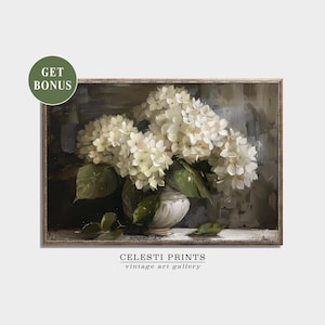 Pintura de hortensias, pintura de ramo vintage, impresión de hortensias, arte mural botánico antiguo con un toque melancólico, decoración floral para el hogar, descarga digital