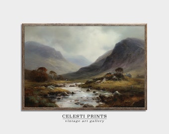 Scotland Painting Vintage, Country Decor, Scottish Highlands Moody Vintage Painting, Scotland Vintage Landscape Art Print, DIGITAL DOWNLOAD