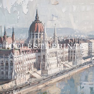 Puede incluir: Una pintura de acuarela del edificio del Parlamento h&uacute;ngaro en Budapest. El edificio est&aacute; pintado en tonos de blanco, gris y marr&oacute;n, con una gran c&uacute;pula en la parte superior. La pintura est&aacute; realizada en un estilo suelto e impresionista.
