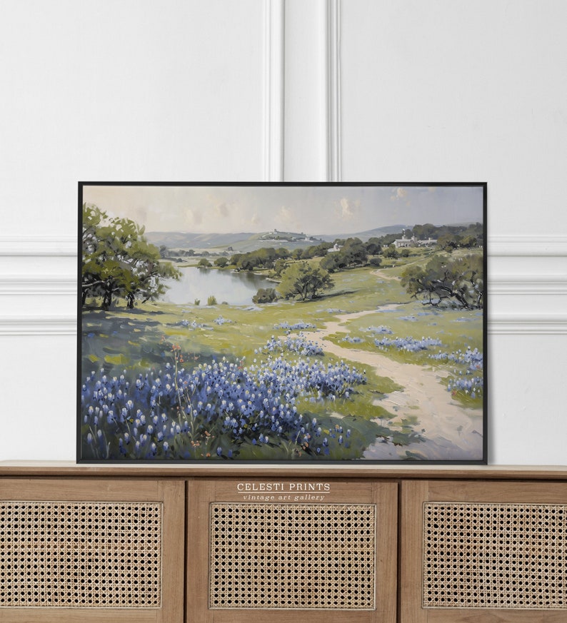 Bluebonnet-målning, Bluebonnet-konst, vintage Bluebonnet-fältmålning, Texas vildblomma, antik Texas statlig blomsterkonst, digital nedladdning bild 2