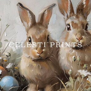 May include: Two brown rabbits with long ears are sitting in a field of green grass and white flowers. The rabbits are looking at the camera. The text "CELESTI PRINTS" is visible in the image.