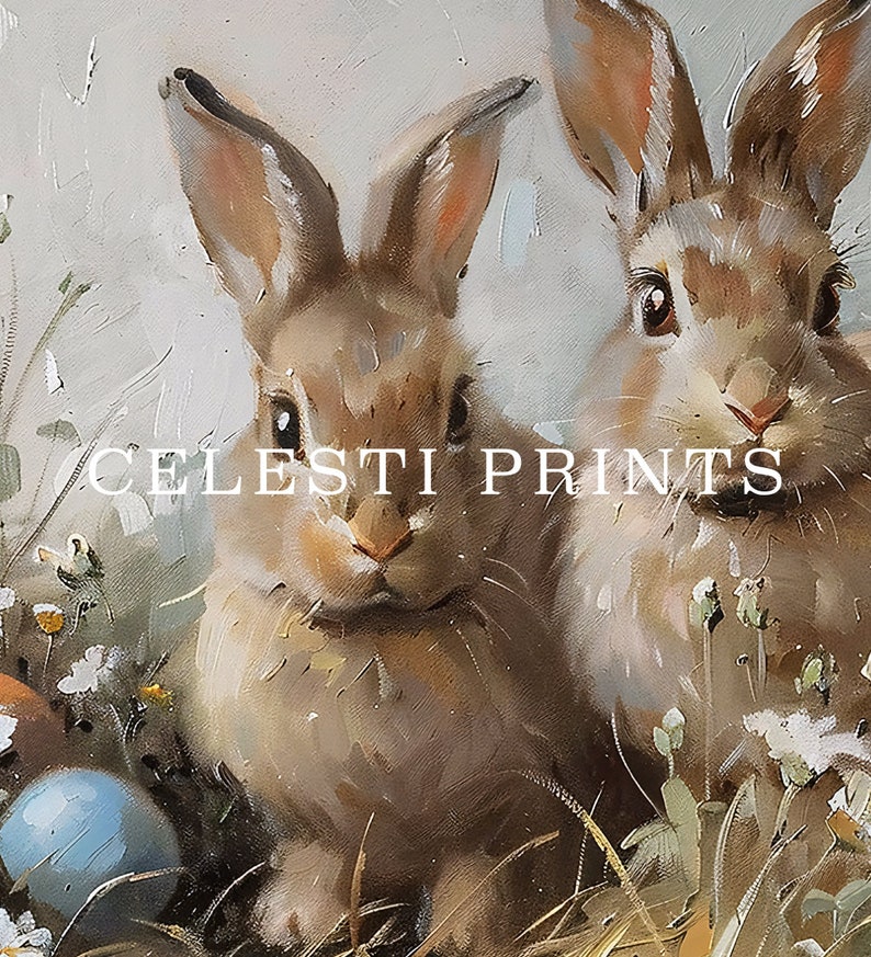 May include: Two brown rabbits with long ears are sitting in a field of green grass and white flowers. The rabbits are looking at the camera. The text "CELESTI PRINTS" is visible in the image.
