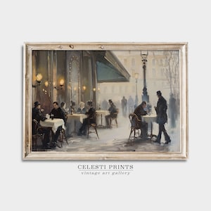 May include: A vintage painting depicting a Parisian cafe scene with people sitting at tables outside. The cafe is painted in muted tones of gray, brown, and blue, with a hint of yellow from the streetlights. The painting has a soft, romantic feel.