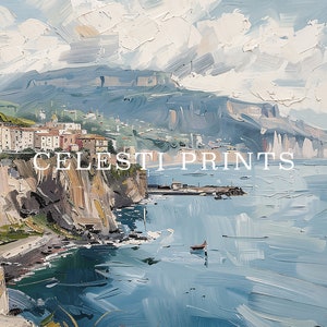 May include: A painting of a coastal town with a blue sky and white clouds. The town is built on a cliff overlooking the ocean. The water is a deep blue and there are boats in the distance. The painting is done in a loose, impressionistic style.