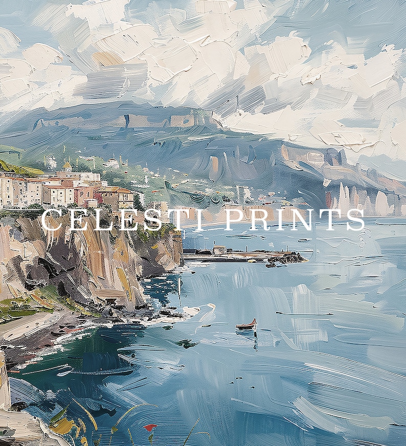 May include: A painting of a coastal town with a blue sky and white clouds. The town is built on a cliff overlooking the ocean. The water is a deep blue and there are boats in the distance. The painting is done in a loose, impressionistic style.