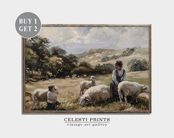 Sheep Art Print, Muted Sheep Painting, Nursery Painting, Neutral Animal Art, Vintage Rustic Cottage Decor, Digital Download