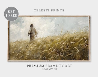 May include: A painting of a person walking through a field of tall grass. The person is wearing a long robe and is walking away from the viewer. The sky is cloudy and the grass is a golden color. The painting is framed in a light wood frame. "CELESTI PRINTS" and "PREMIUM FRAME TV ART 3840x2160" are printed below the painting.