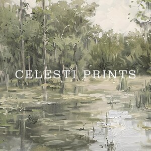 May include: A painting depicting a swampy landscape with green trees and a still body of water. The water reflects the sky and trees. The text "CELESTI PRINTS" is visible in the lower centre of the image.