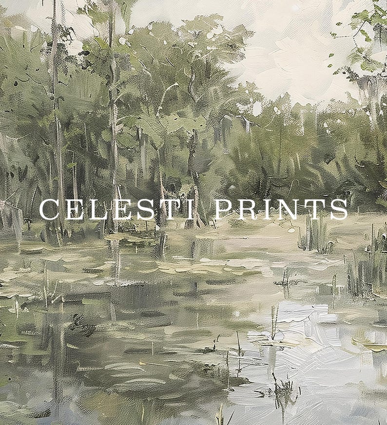 May include: A painting depicting a swampy landscape with green trees and a still body of water. The water reflects the sky and trees. The text "CELESTI PRINTS" is visible in the lower centre of the image.