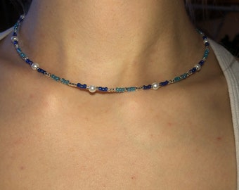 Blue necklace with pearls, beaded pearl necklace, seed bead jewelry, gifts for her, beaded choker, beach necklace
