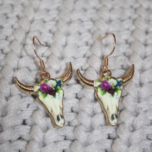 Western enamel cow skull earrings, gold plated western earrings, western earrings, cow skull earrings, western jewelry, gifts for her, image 1