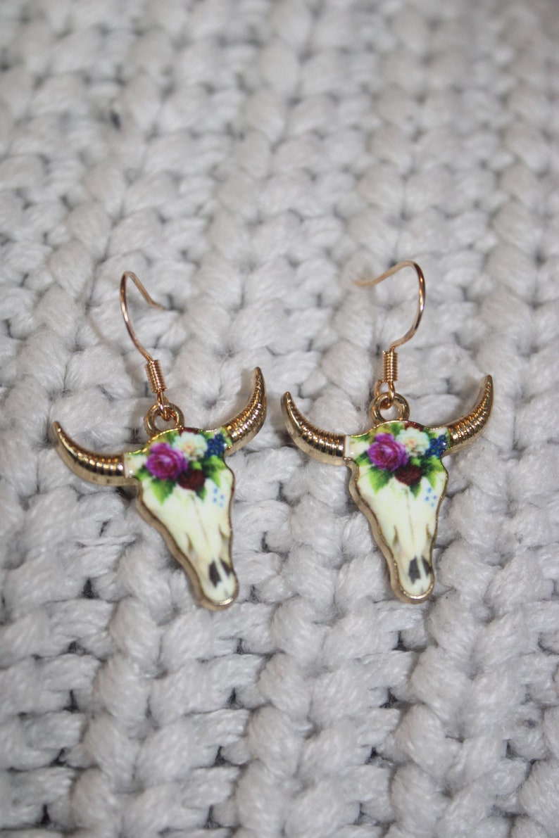 Western enamel cow skull earrings, gold plated western earrings, western earrings, cow skull earrings, western jewelry, gifts for her, image 1