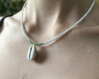 Surfer inspired necklace, Cowrie shell choker, seed bead necklace,  beaded choker, minimalist, boho, beach, trendy, dainty, jewelry