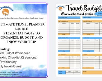 May include: A printable travel budget planner with a blue and orange color scheme. The planner includes sections for pre-trip expenses, transportation, accommodation, activities, food and drink, other, and notes.