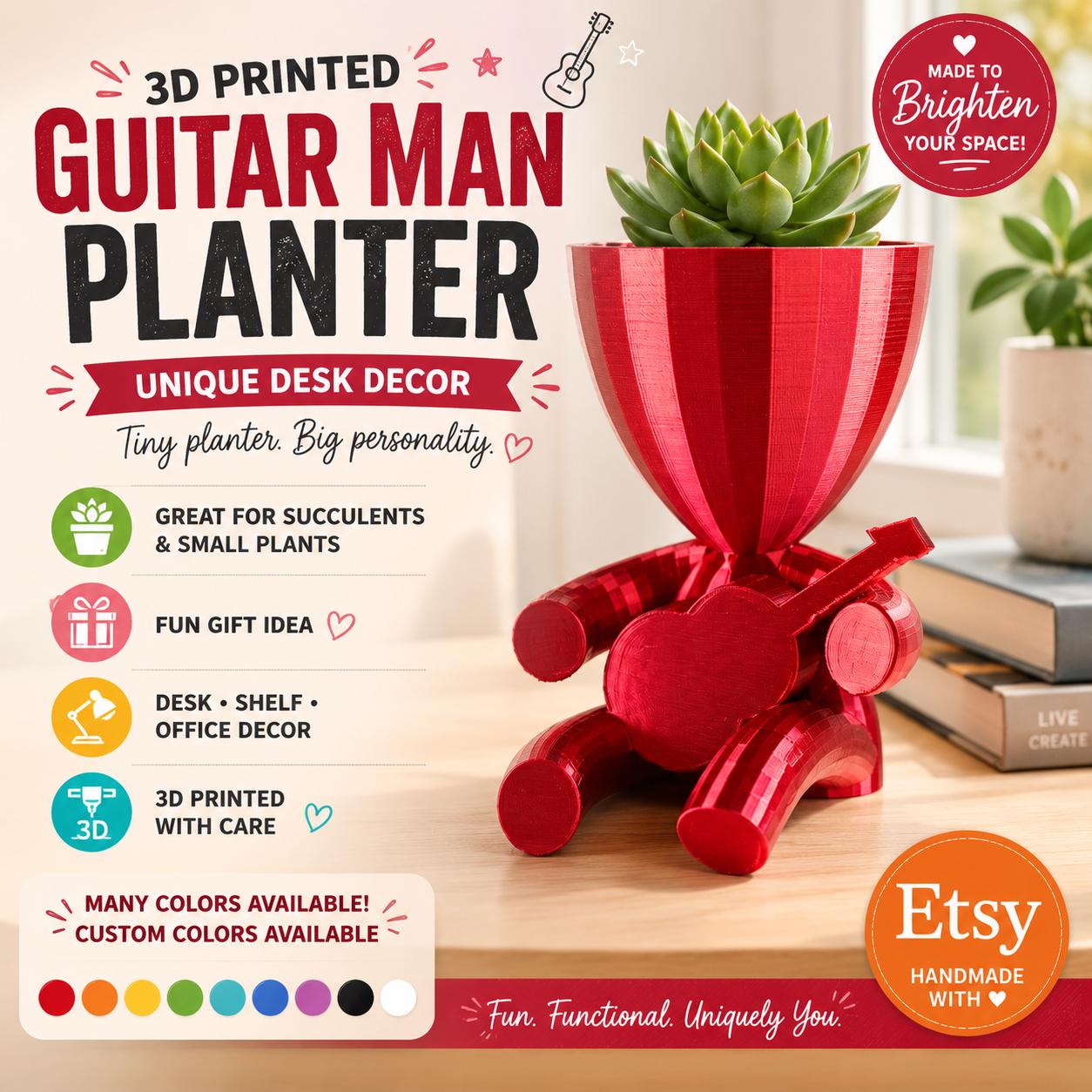 3D Printed Guitar Man Planter: Unique Desk Decor