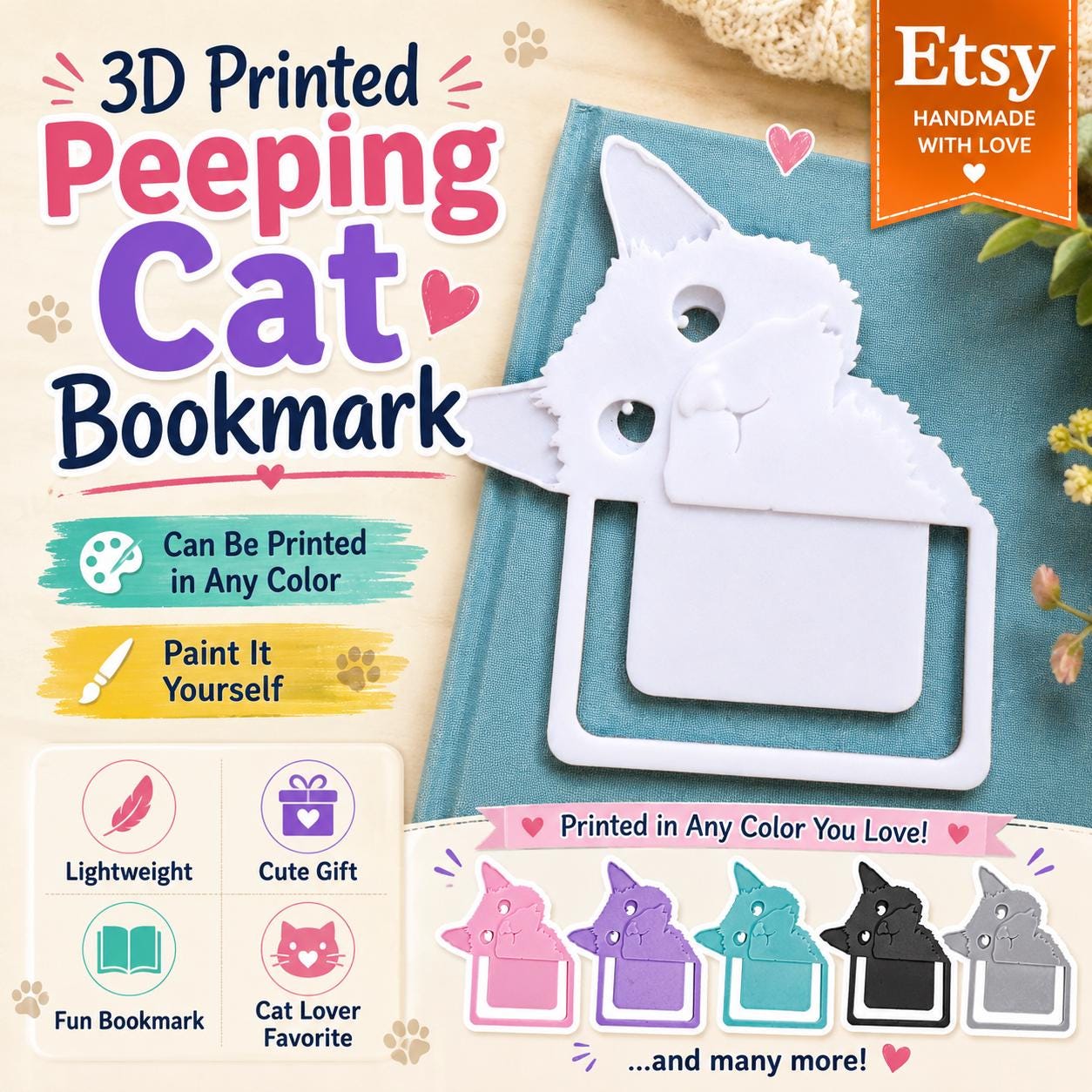 3D Printed Peeping Cat Bookmark: PLA Plastic