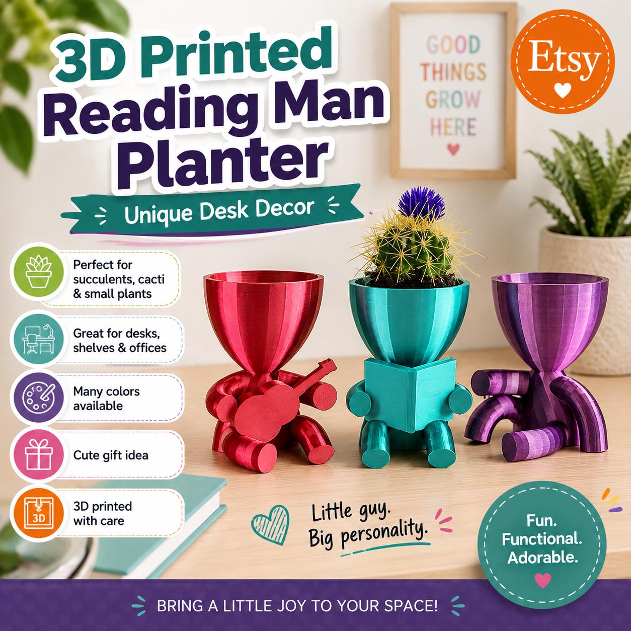3D Printed Reading Man Planter – Unique Desk Decor