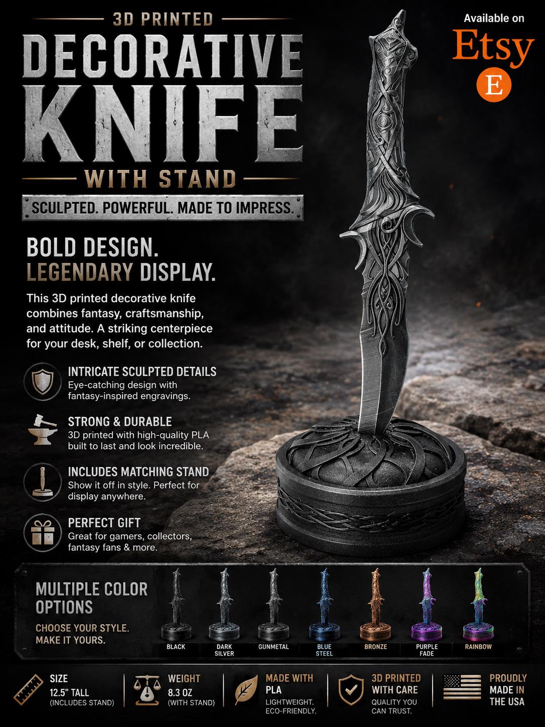 3D Printed Decorative Knife with Stand: Colorful Sculpted Design
