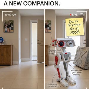 May include: A white and red 3D-printed robot with poseable head and limbs, standing on a tiled floor. The robot is labeled as eco-friendly and ready for lights and sounds. Text reads: "Your space just got a new companion."