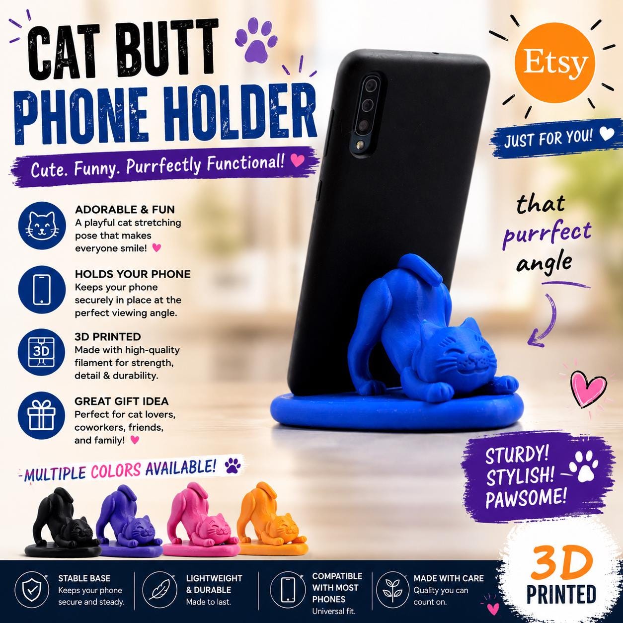 3D Printed Cat Butt Phone Holder - Novelty Desk Stand