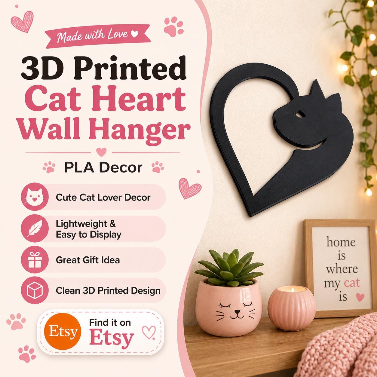 3D Printed Cat Heart Wall Hanger - PLA Decor