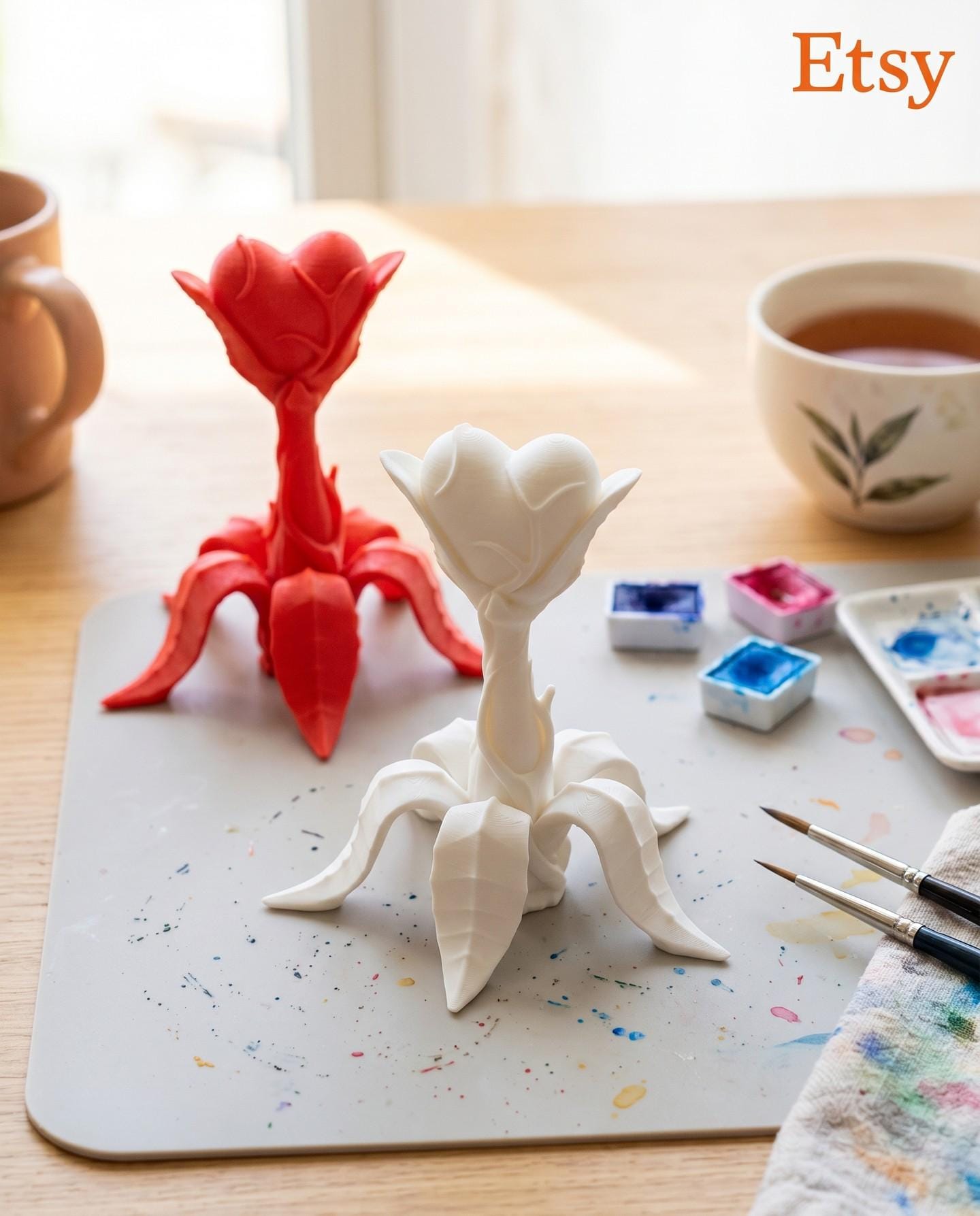 3D Printed Flower with Heart Figurine - Non-Painted, Choose From Many Colors,