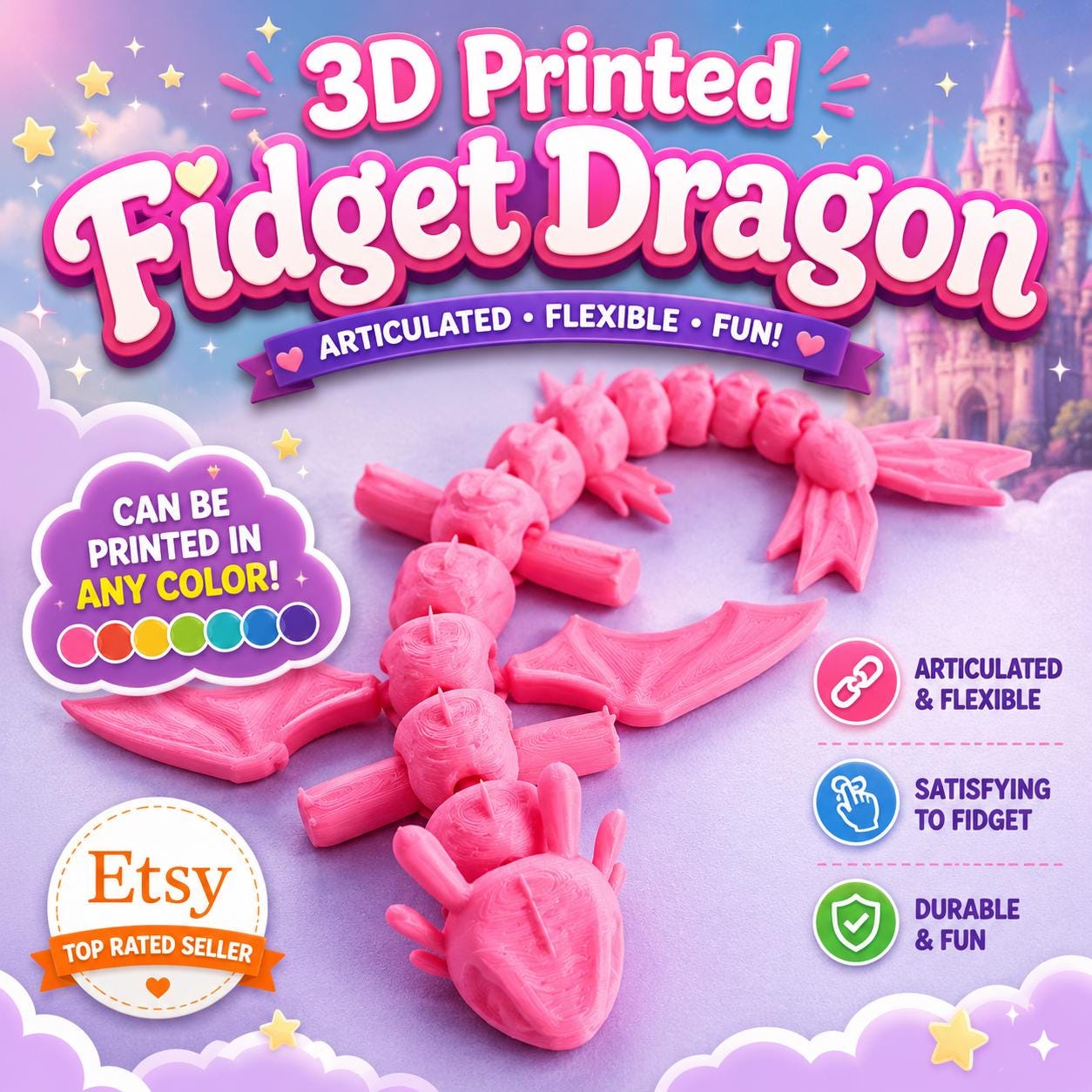 Fidget Dragon - Articulating Flexible Fidget Stim Toy - Choose Any Color - 3D Printed!