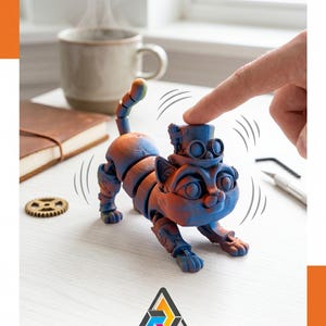 May include: A blue and orange steampunk cat figurine with articulated joints, wearing a top hat and goggles. The cat is on a white surface, with a hand touching its head. A cup of coffee and a notebook are in the background.