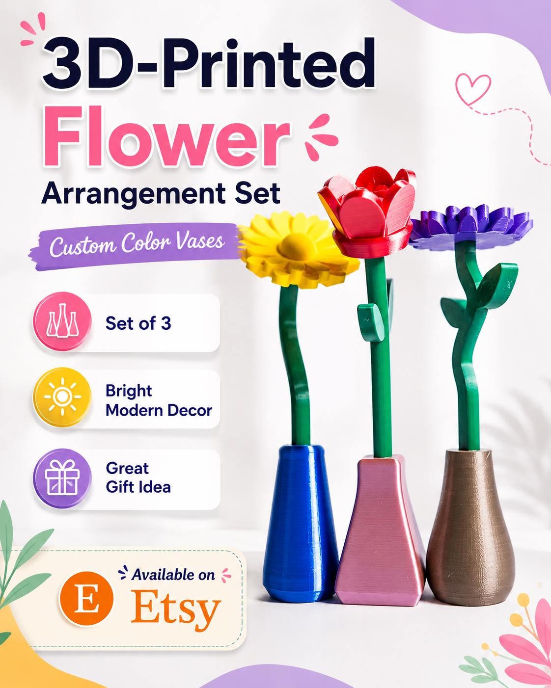 3D-Printed Flower Arrangement Set: Custom Color Vases