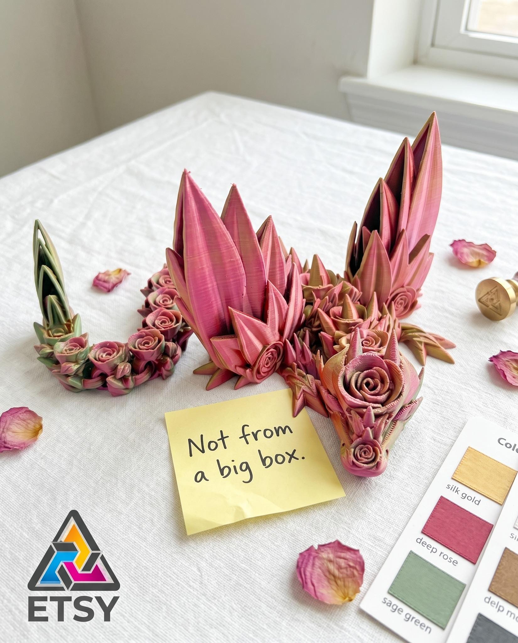 3D Printed Rose Dragon with Wings: Customizable Colors