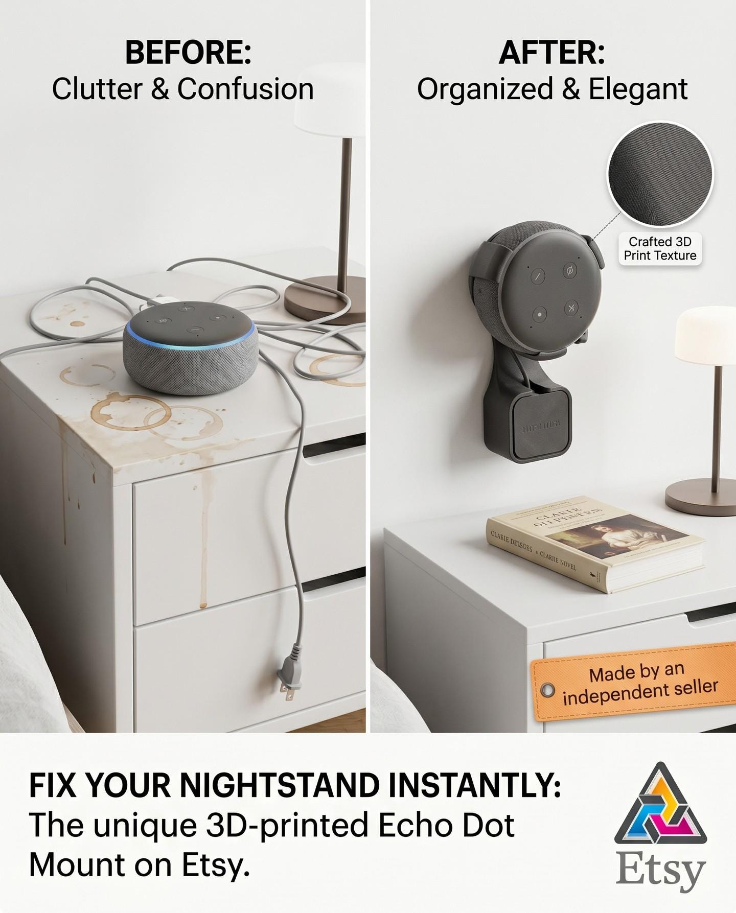 3D Printed Amazon Echo Dot 3 Wall Mount with Plug Holder