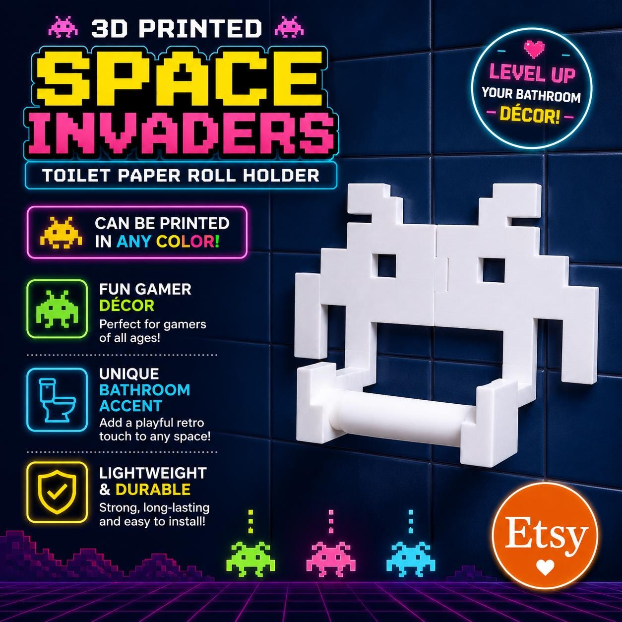 Space Invaders Toilet Paper Holder: 3D Printed Kids Bathroom Decor