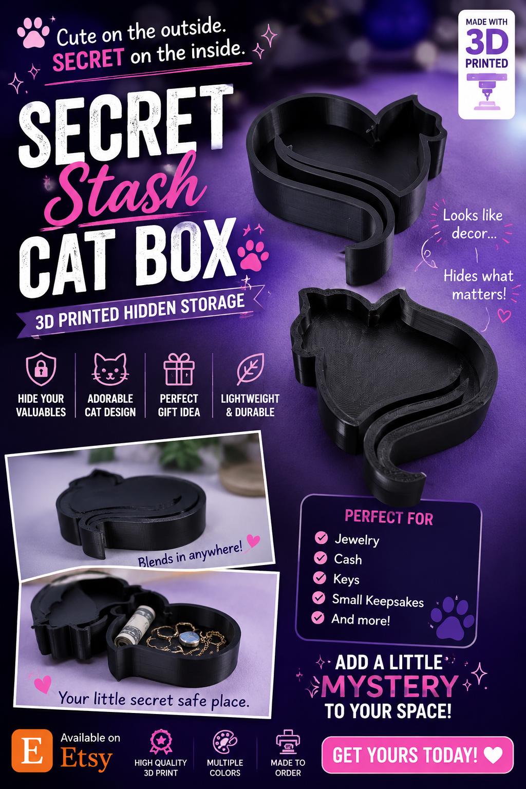3D Printed Cat Box – PLA Storage Container, Jewelry Box