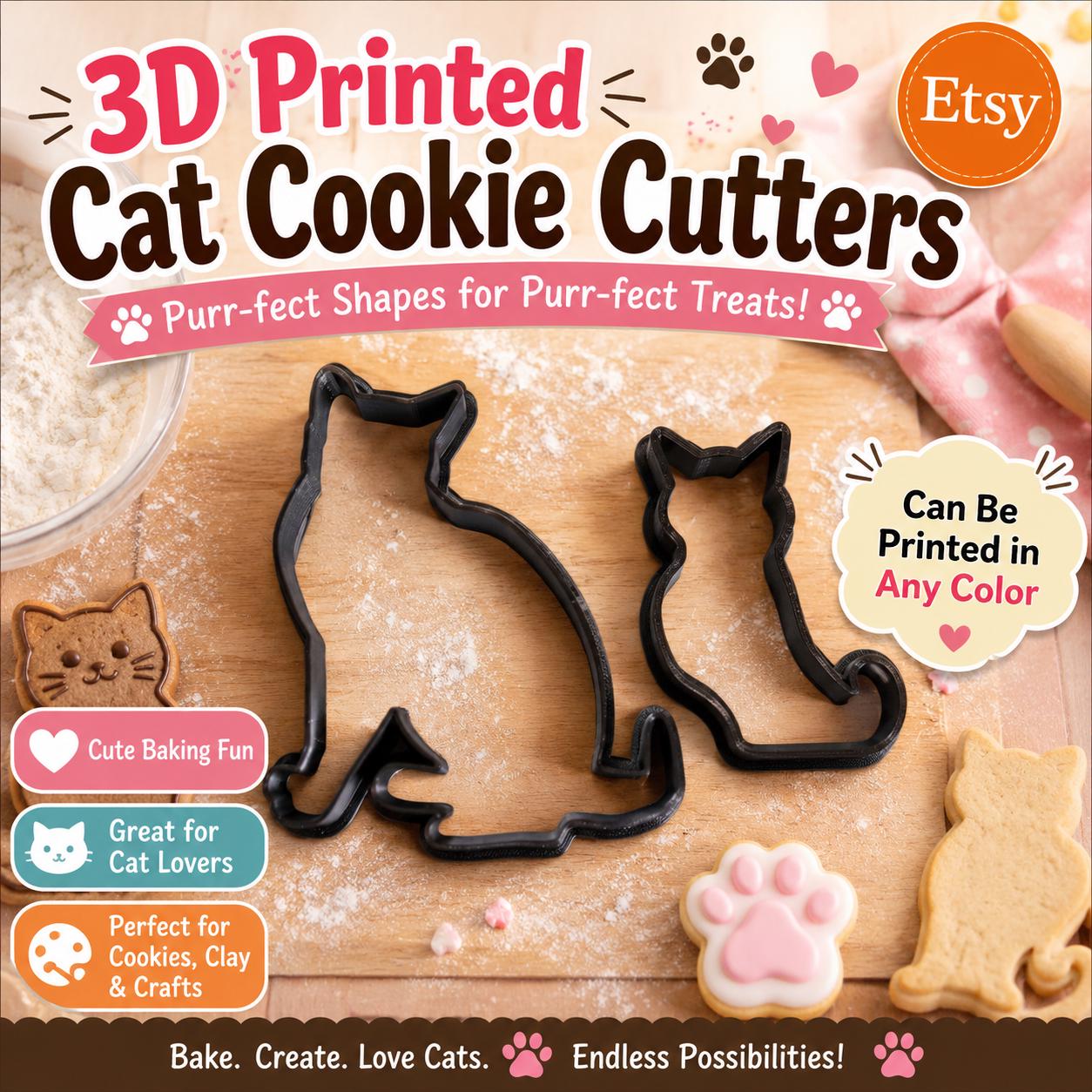 Cat Cookie Cutters (2pc): 3D Printed PLA Molds