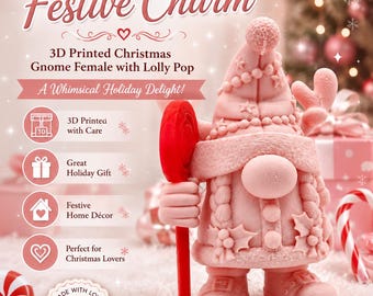 Sweet Festive Charm: 3D Printed Christmas Gnome Female with Lolly Pop – A Whimsical Holiday Delight!