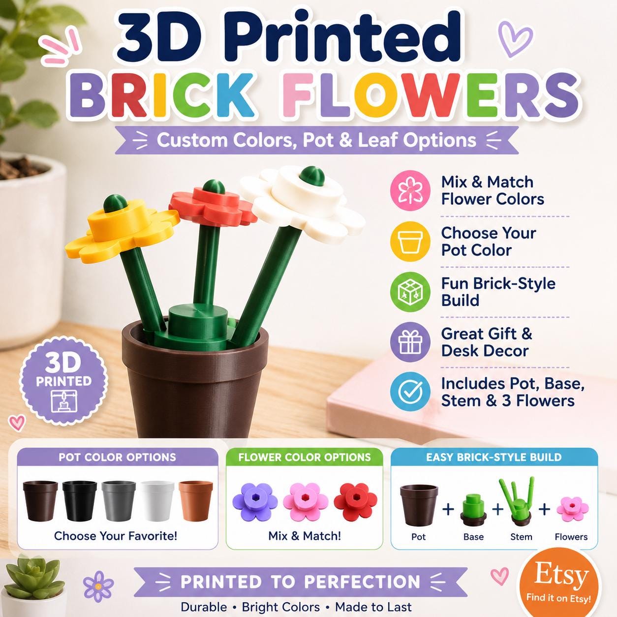 3D Printed Brick Flowers: Custom Colors, Pot & Leaf Options