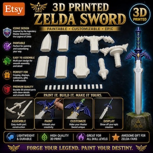 May include: A 3D printed Zelda sword, paintable and customizable. The image shows the sword assembled, disassembled parts, and the text "Paint it. Build it. Make it yours." The sword is displayed on a stone base. The product is lightweight and durable.