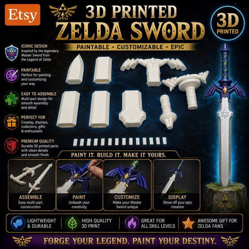 May include: A 3D printed Zelda sword, paintable and customizable. The image shows the sword assembled, disassembled parts, and the text "Paint it. Build it. Make it yours." The sword is displayed on a stone base. The product is lightweight and durable.